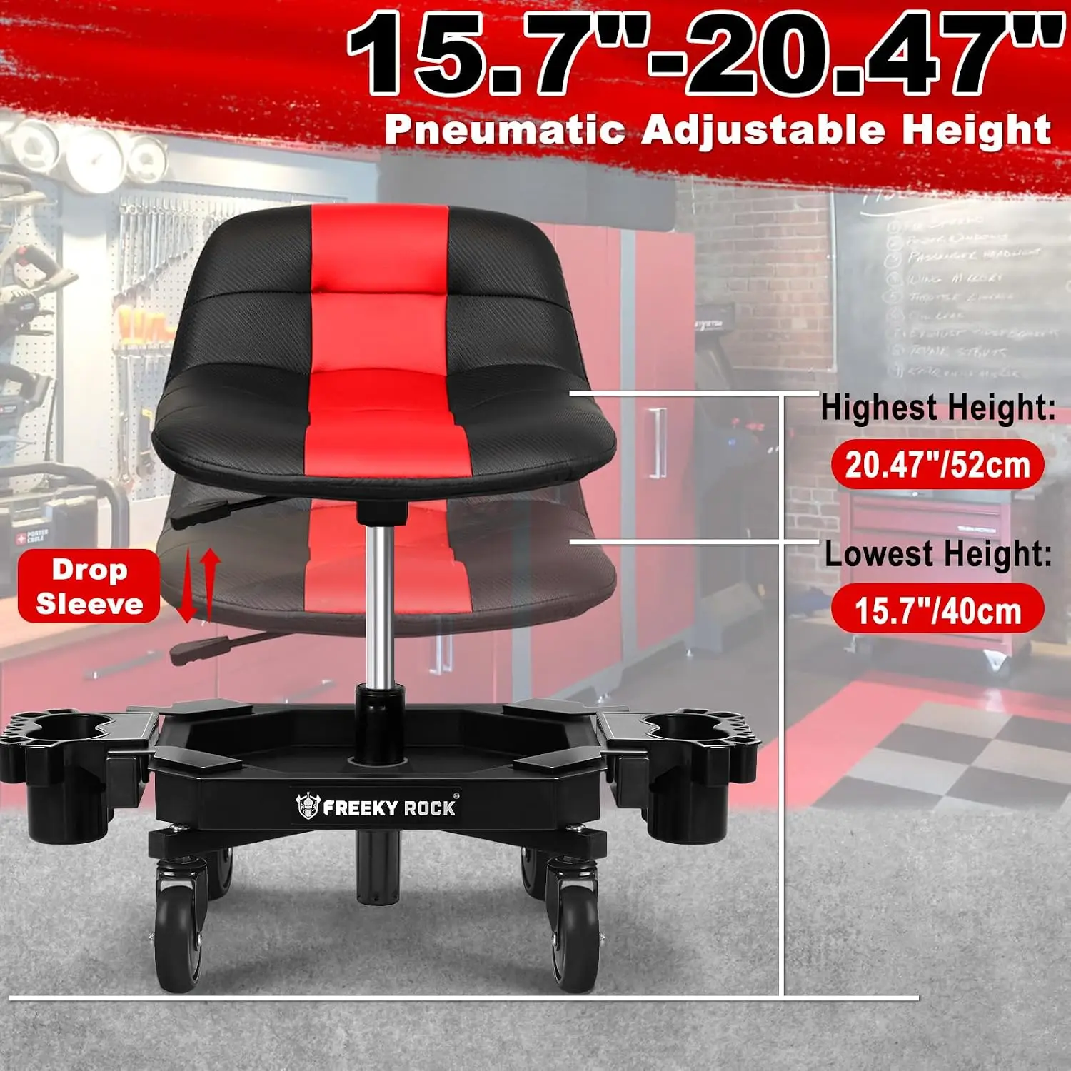 Rolling Stool with Wheels, Adjustable Height Pneumatic Garage Work Mechanic Stool Seat with Backrest, 400 LBS Capacity 360°