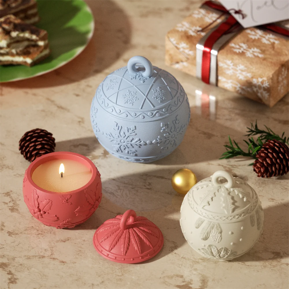 Nicole Christmas Ball Candle Jar Mold with Lid Bauble Light Storage Pot Gypsum and Concrete Silicone Mould Xmas Home Decor