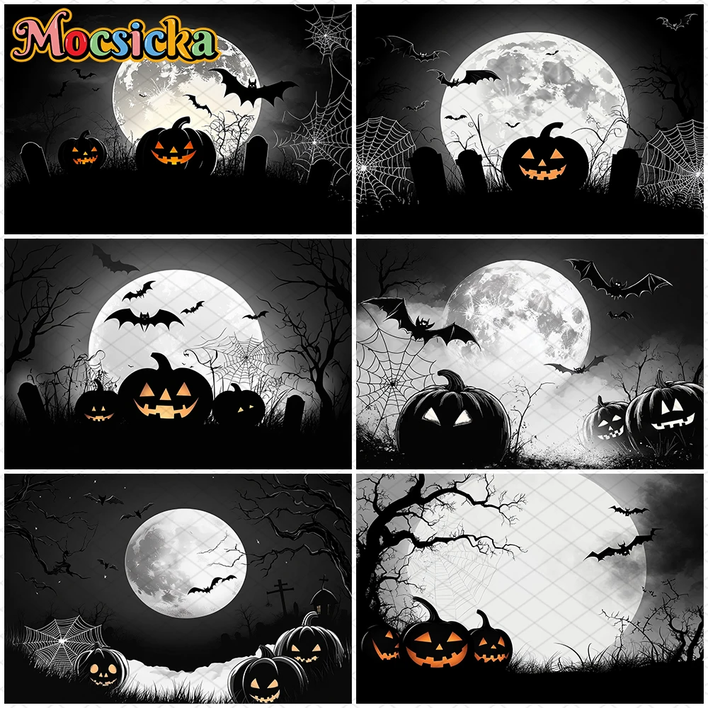 Mocsicka Halloween Background Black Pumpkin Party Night Moon Tombstone Spider Web Bat Jack-O-Lantern Decorations Backdrop Banner