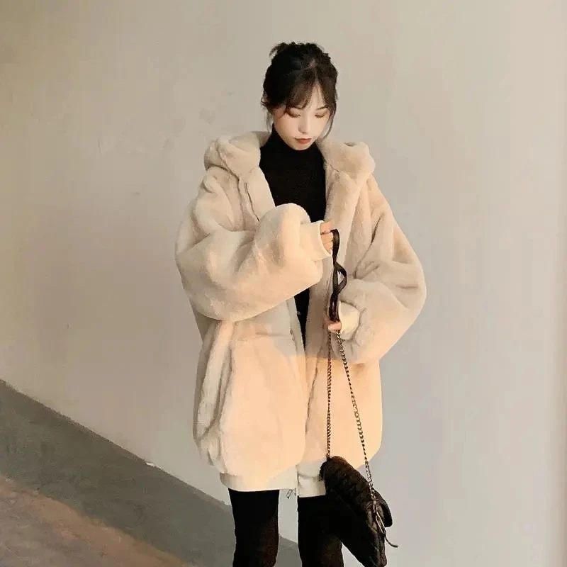 Lucyever Winter Women Faux Rabbit Fur Hooded Coat Casual Solid Color Warm Faux Fur Jacket Woman Fashion Zip Thick Furry Overcoat