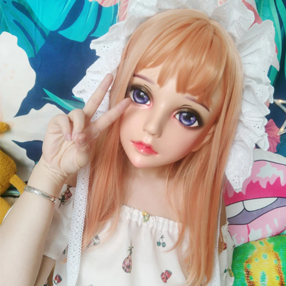 (Hua-05)Female Sweet Girl Resin Half Head Kigurumi BJD Eyes Crossdress Cosplay Japanese Anime Role Lolita Mask With Eyes And Wig