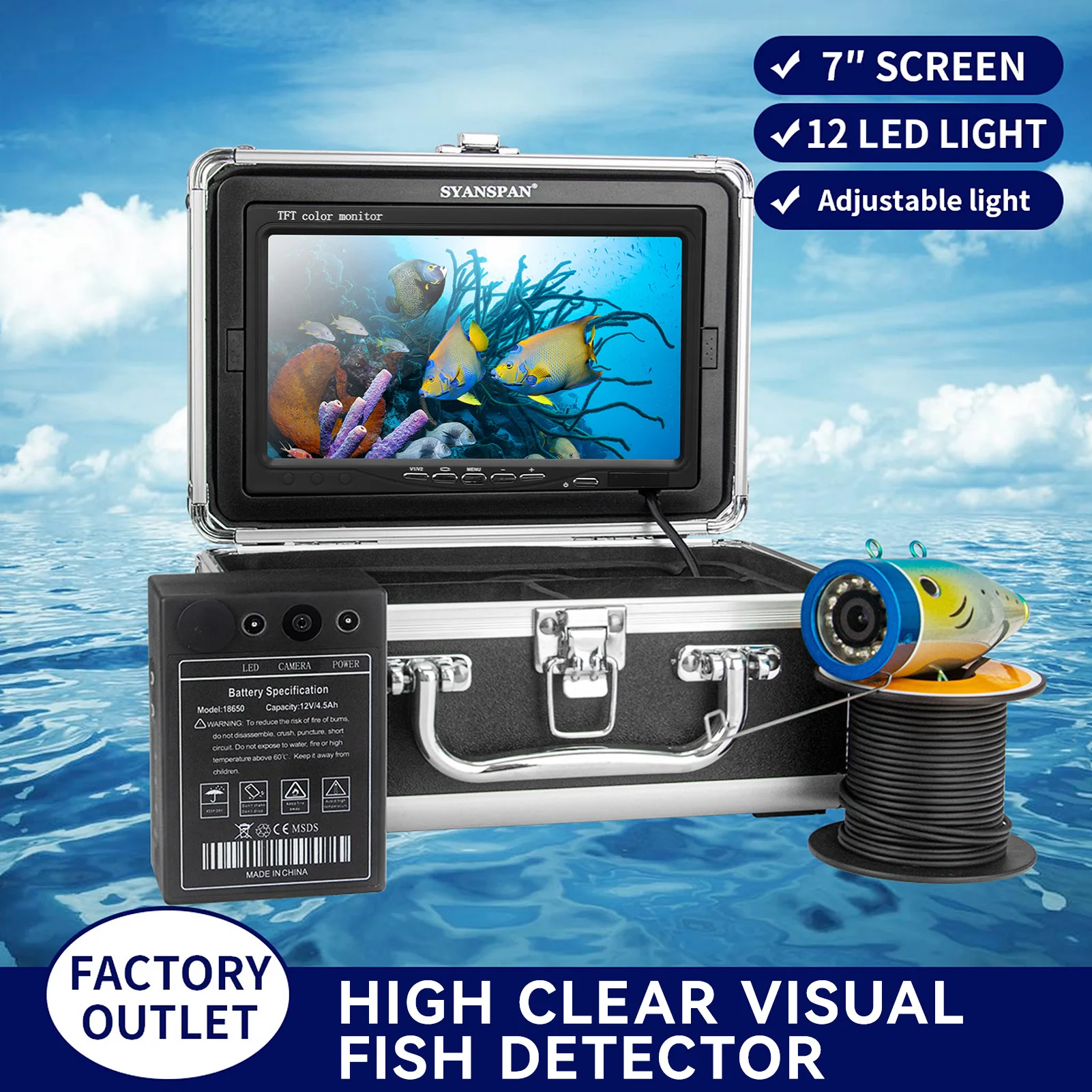 7 Inch 1200TVL Underwater Fishing Camera Fish Finder 12 White LED Lamps 15M for Ice Sea Fishing