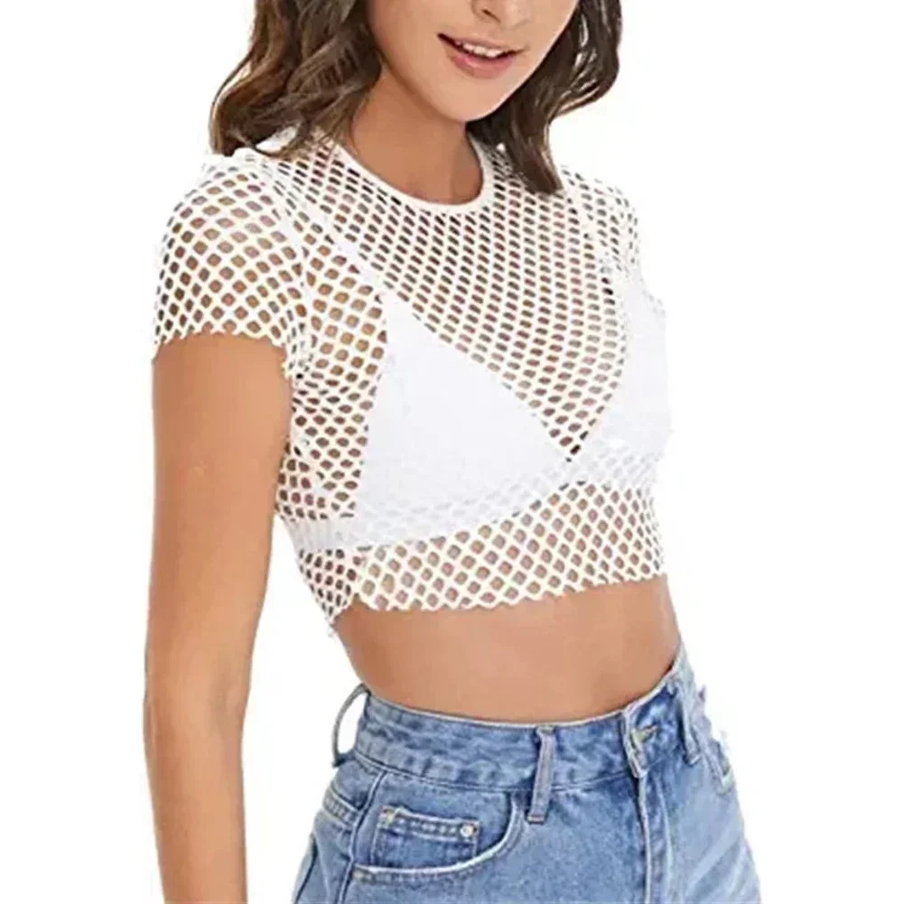 Fashionable Women\'s Sheer Mesh Fish Net Short Sleeve Crop Top T Shirt Blouse in White Black Fluorescent Yellow