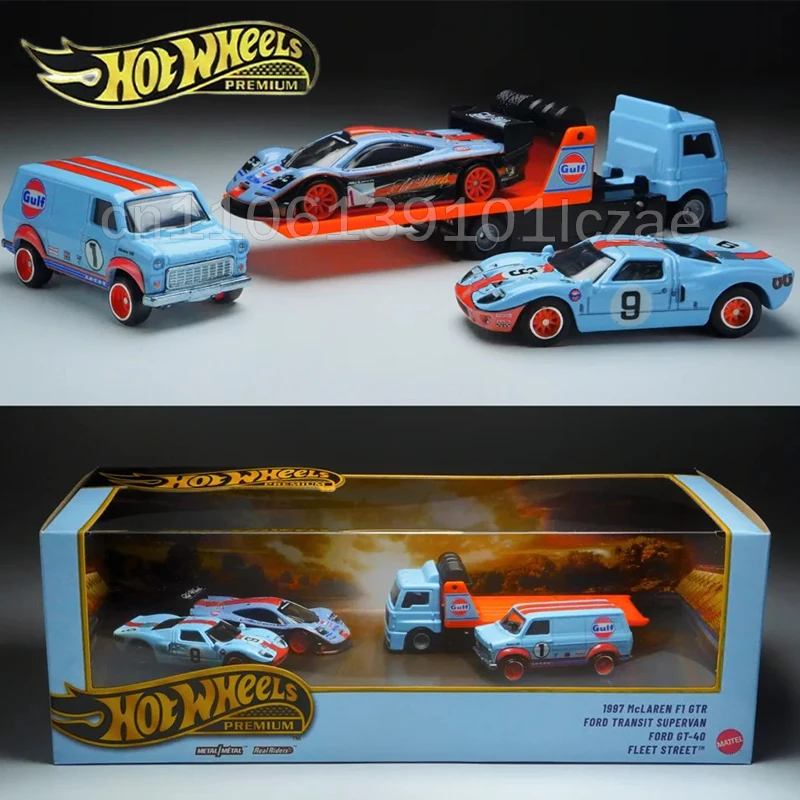 collection-de-modeles-de-voitures-de-course-vintage-hot-wheels-le-mans-garage-gulf-oil-livery-series-gmh39-mclaren-f1-ford-gt40-a-l'echelle-1-64