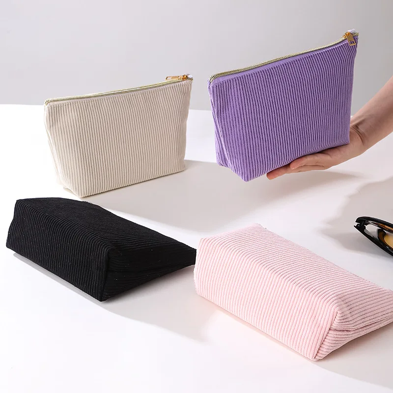 Large Capacity Corduroy Makeup Bag for Women, Zipper Toiletry Pouch All-in-One Beauty Storage, Minimalist Cosmetic Organizer