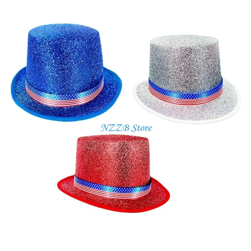 

T21F Bright Color Glitters Tall Hat for Women Men Satined Belt Tall Hat Adult Theme Party Costume Hat for Stage Performers