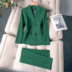 ZJYT Korean Fashion Double Breasted Blazer Suit with Pants 2 Pieces Matching Set Elegant Office Lady Work Outfit Jacket Trousers