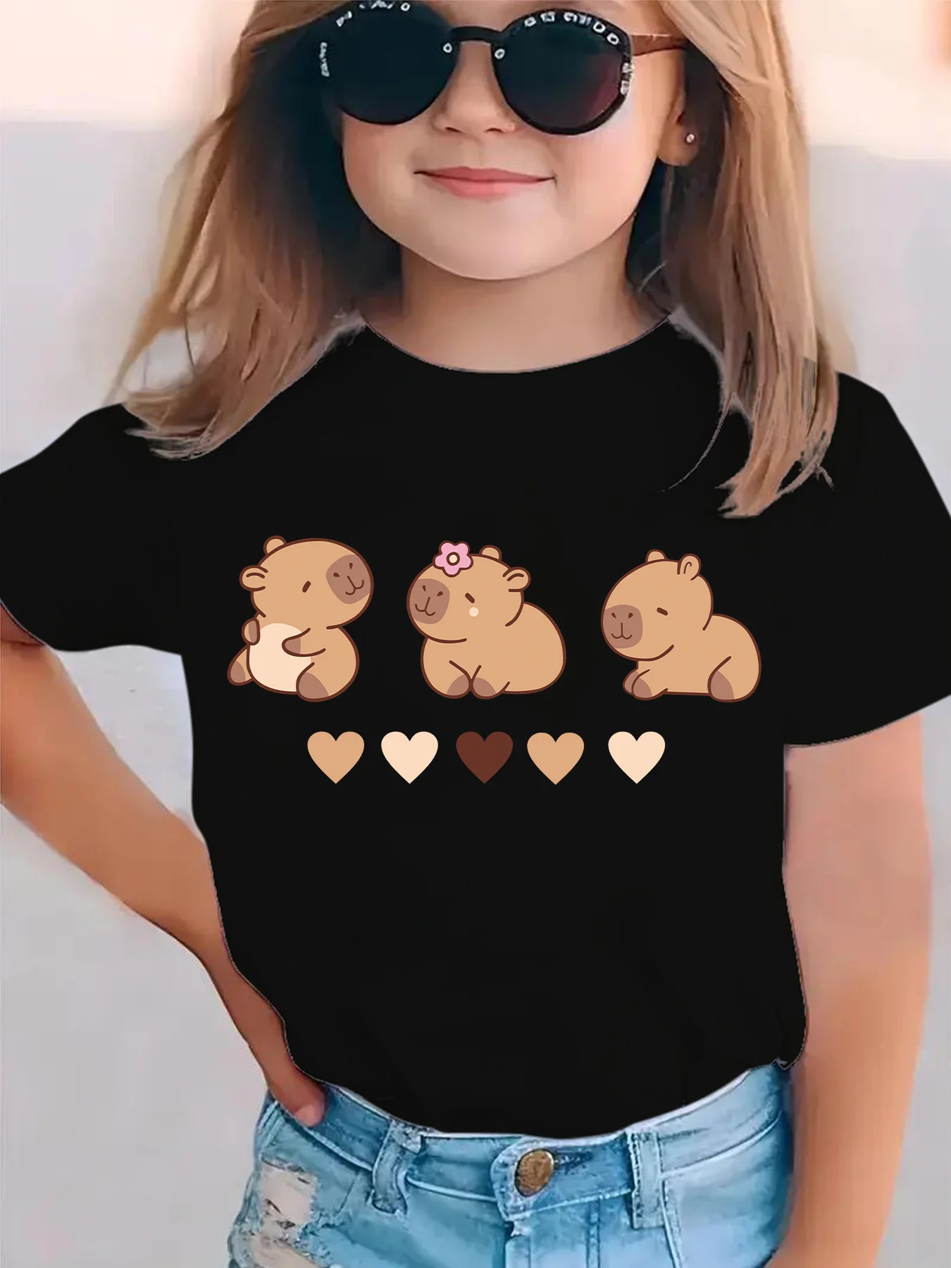 Cute Three Capybara Family Matching Cotton T Shirts Short Sleeve Crew Neck Summer Tees For Mom Dad Boys Girls Daily Tops