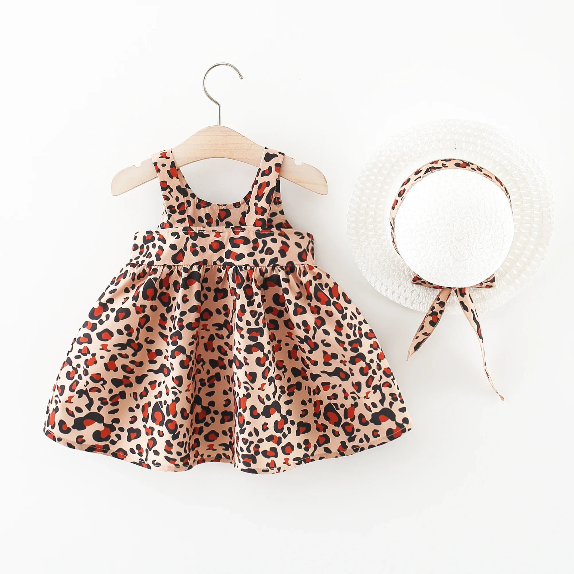 2/piece Summer Baby Girl Dress and Hat Baby Girl Wearing Leopard Print Print Large Bow Sleeveless Princess Dress