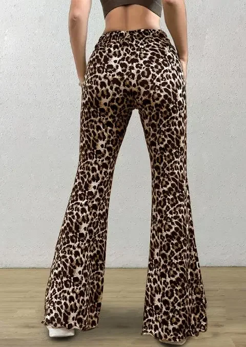 

Women's Flared Pants Spring & Autumn New Fashion Female Clothing Casual Sexy Knitted Elastic Waist Leopard Print Flared Pants