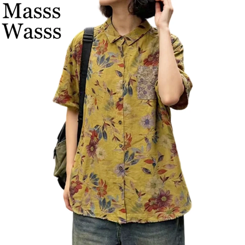 

Женские летние модные классические блузки Masss Wasss 2026 в японском винтажном стиле с цветочным принтом, свободные роскошные рубашки для отдыха