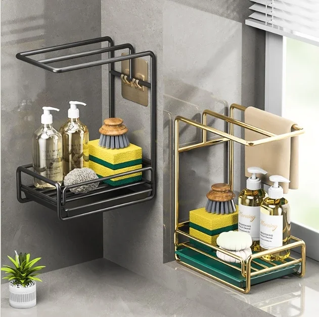 

Bathroom Kitchen Storage Rack Towel Sponge Drain Racks Rag Dishcloth Rack Soap Carbon Steel Holder Sink Desktop Organizer