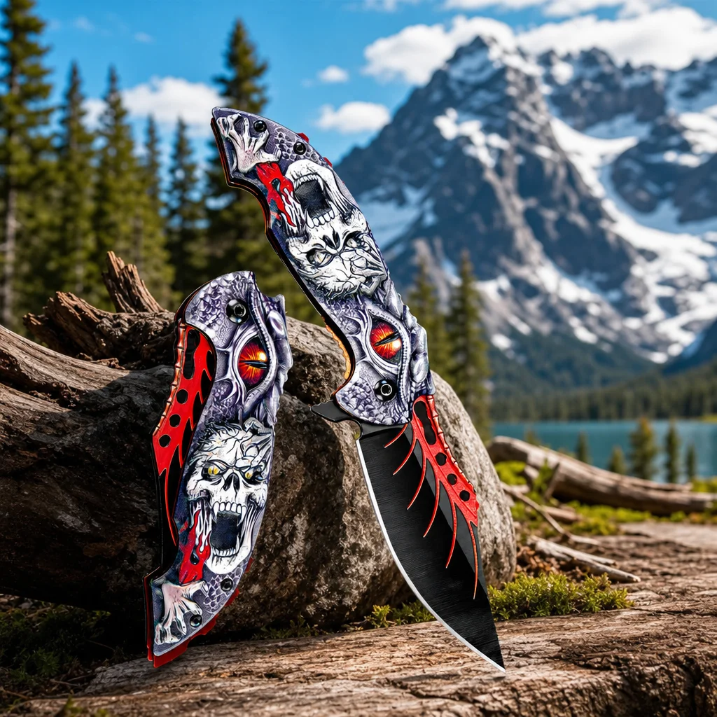 Skull Pattern Folding Knife Red Black Portable Pocket Knife Outdoor Camping Hiking Picnic Daily Use Utility Accessory