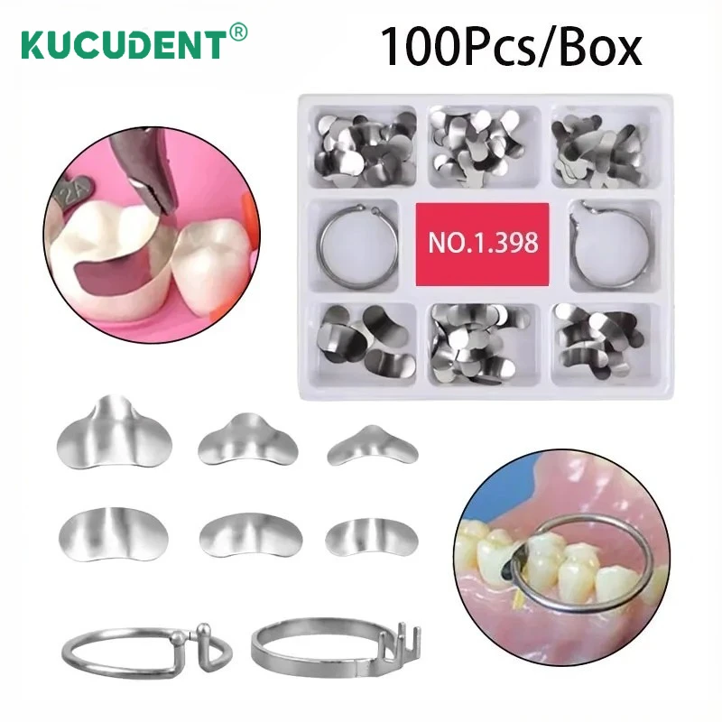 Professional Dental Matrix Kit 100 Pcs No.1.398 Contoured Metal Matrices with Spring Clip Delta Ring Clamps Dentistry Tools