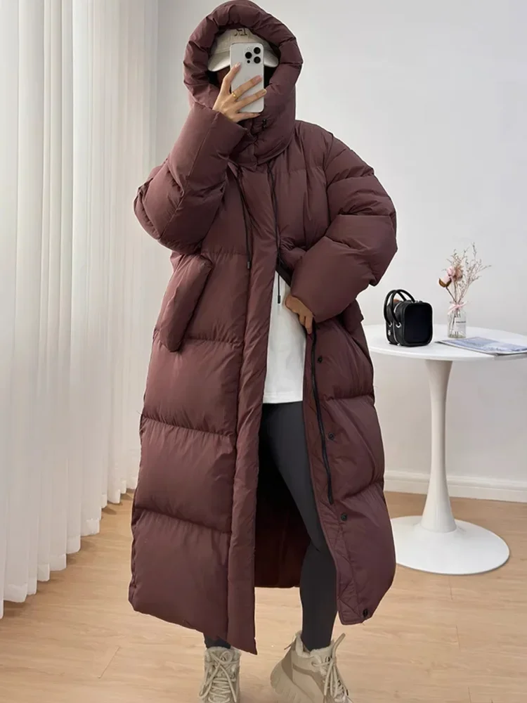 Janveny Winter Long Puffer Coat Hooded Waterproof Female Parkas Thick Duck Down Jacket Women Luxury Loose Warm Pluffy Outerwear