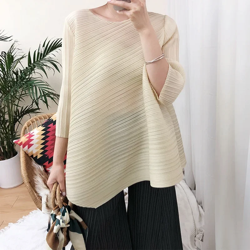 ALSEY Miyake Pleated Loose Casual Long Sleeve T-shirt for Women Spring Summer New Korean Simple Fashion Tops Aesthetic Clothes