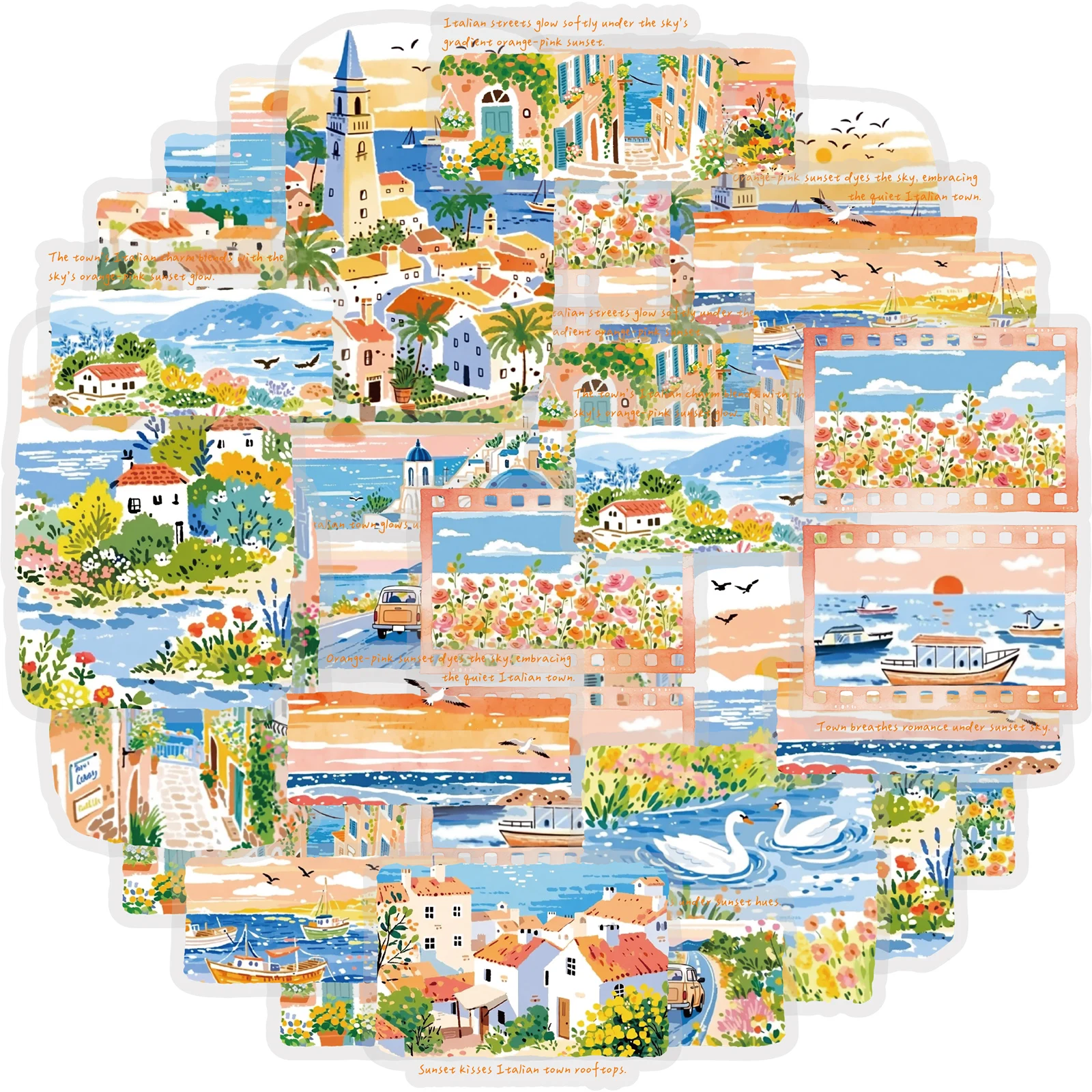Etori Life Fresh Seaside Travel Stickers 30Pcs Small Town Scenery Journal Collage Material Suitable for Luggage, Laptop, Guitar, Skateboard, Refrigerator, Room Decoration, Handmade Scrapbooking Supplies, DIY Crafts, Office Decoration Accessories, Envelopes and Gift Paper Bags, Label Seals, Birthday and Holiday Gifts, Artistic Aesthetics, Waterproof Decals, School Supplies, Korean Stationery