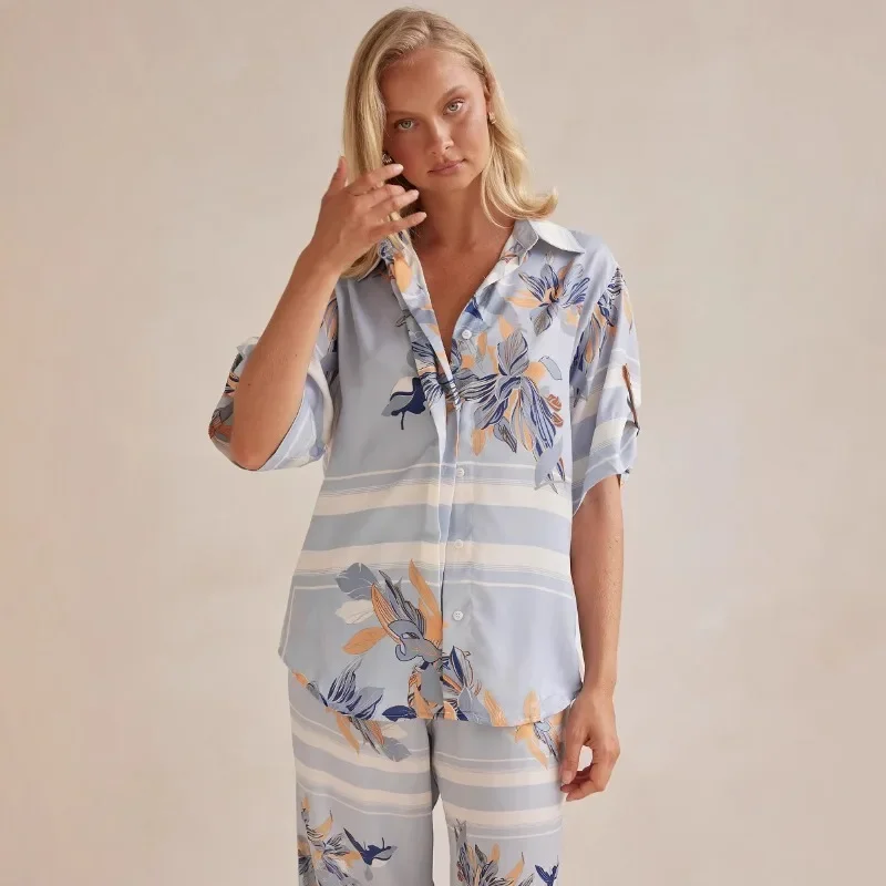

Soft Sleepwear Pjs 2 piece Loungewear Homewear Womens Pajama Sets Floral Print Short Sleeve Button Down Pajamas Set for Women
