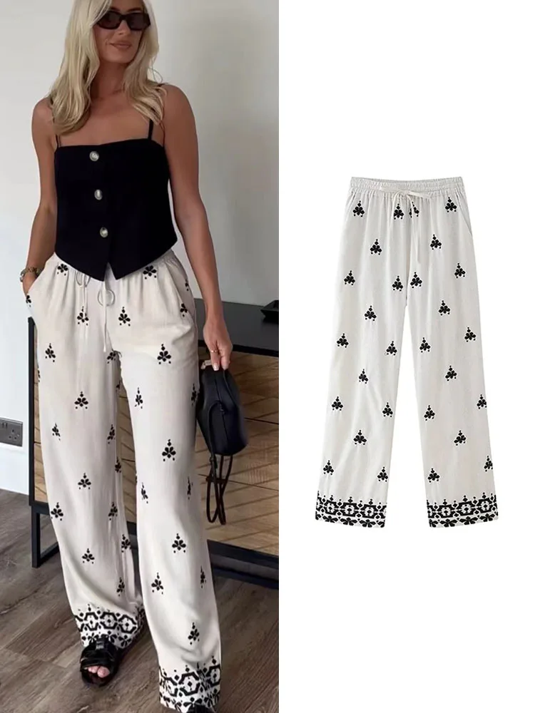 TFMLN 2024 Women Embroidery Pants Casual Linen Wide Leg Pants Female Chic High Waist Zipper Ankle Length Trousers