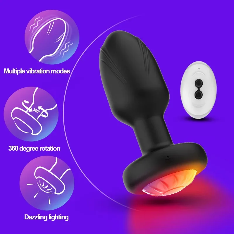 LED 360 Rotation Anal Plug Rotating Prostate Massager with10 Speed Vibration Remote Control Adult Sex Toys for Men WomenGay