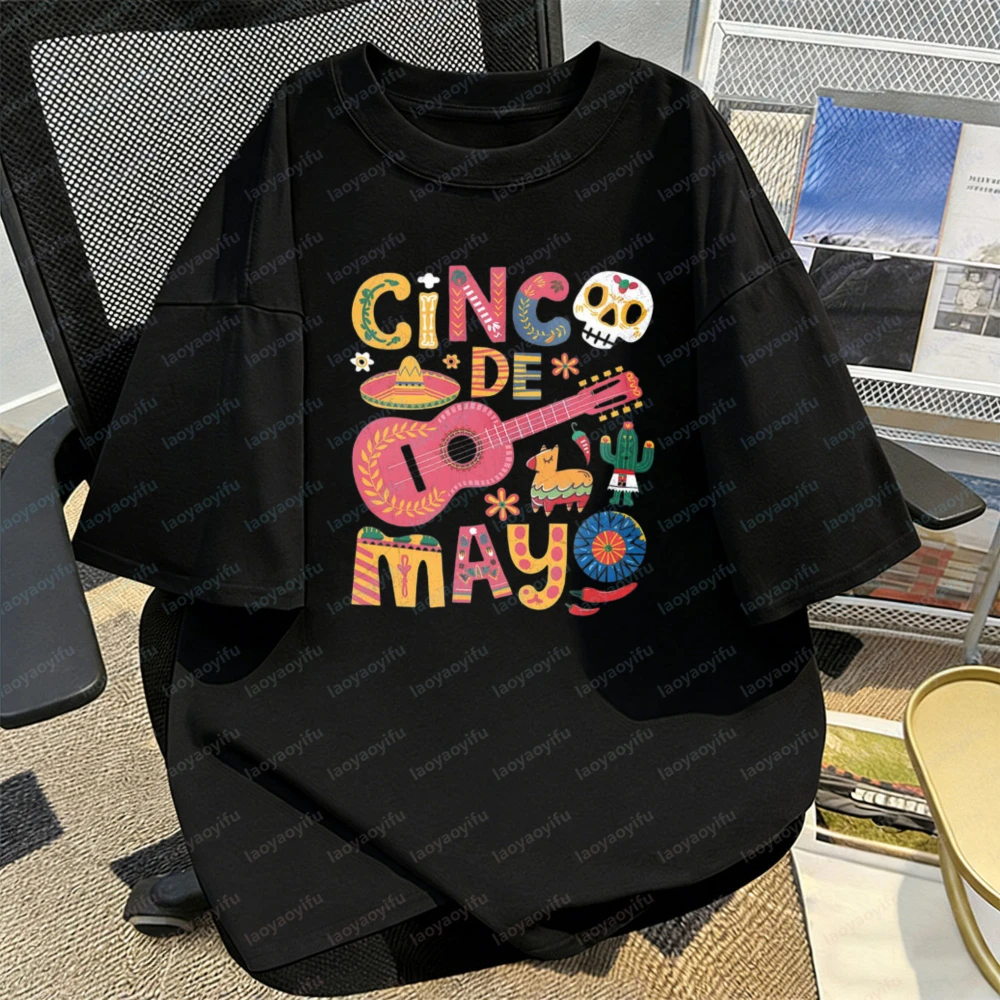 Cinco De Mayo Art Cotton Tee Sugar Skull Lady & Flowers Statement T-Shirt Comfortable Fiesta Streetwear Trend Clothes for Women