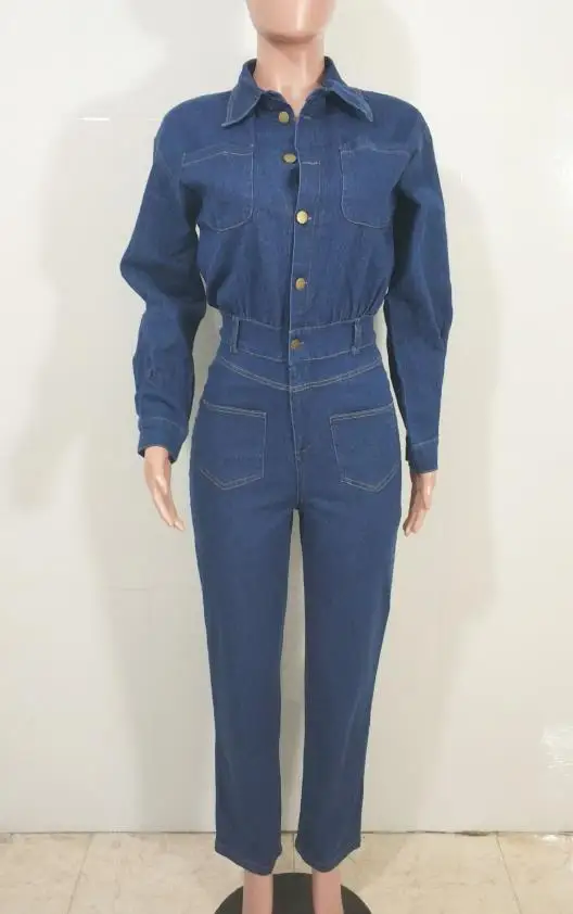 بذلة حريمي 2026 جديد ربيع الخريف بلون بدوره إلى أسفل طوق جيب تصميم كم طويل عالية الخصر بذلة الدنيم عادية #1