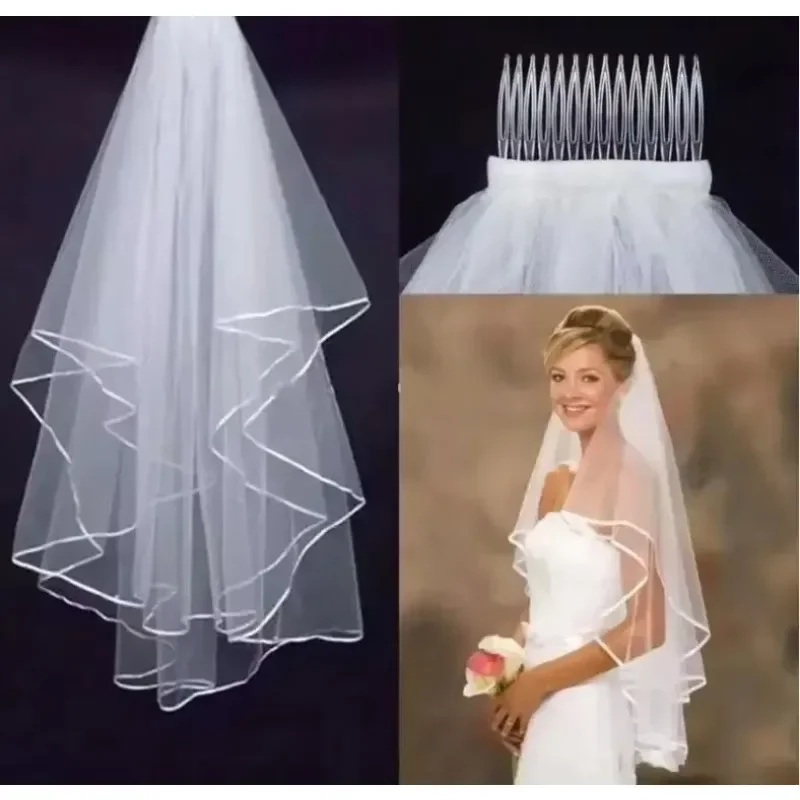 Short Bridal Veils Two Layers 75 cm Length Ribbon Edge Wedding Veil With Comb White Ivory Accessories