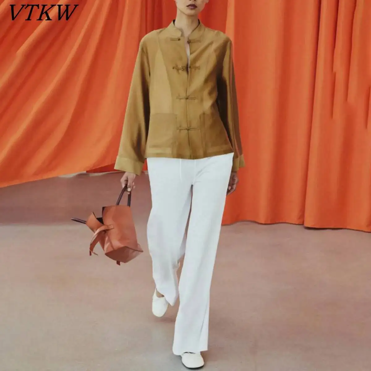 

VTKW 2026 New Women Satin Blouse Mandarin Collar Frog Button Long Sleeve Loose Fit Elegant Casual Daily Office Lightweight Shirt