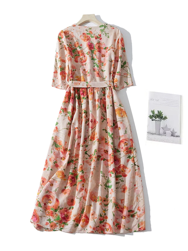 Cotton Dresses Women 2024 New Summer Floral Print Elegant V-Neck Party Dress Half Sleeve Buttons Sweet Sundress Robe Femme