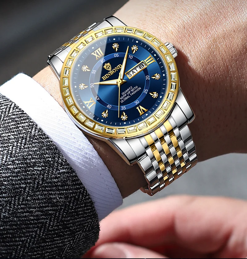 BINBOND Sports Watches Men Waterproof Luminous Week Calendar Watch Man Quartz Movement Stainless Steel Fashion Men Watch