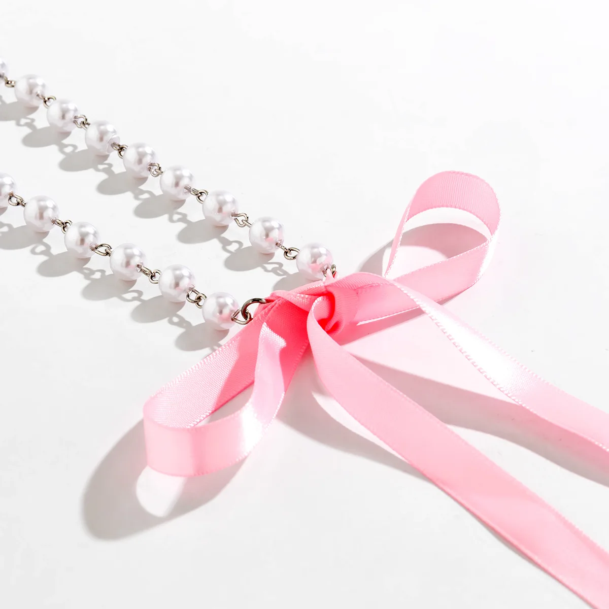 Faux Pearl Choker Necklace Vintage Long Bow Ribbon Tie Adjustable Classic Handmade Jewelry for Women Premium Lightweight