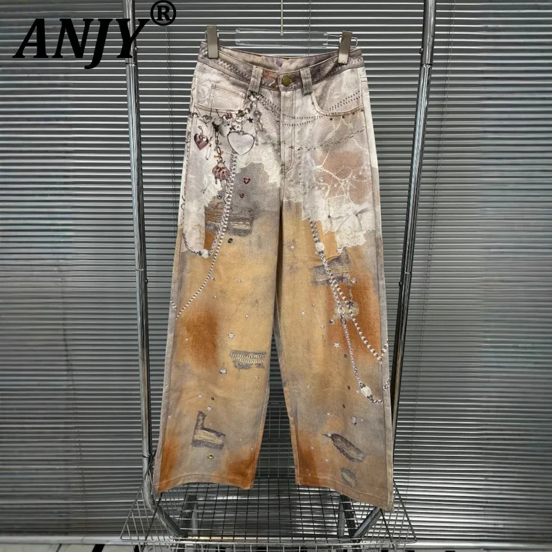 

ANJY Autumn New Women American Retro High Street Tide Trendy Chain Original Printed Denim Pants Chic Casual Straight Jeans A7163