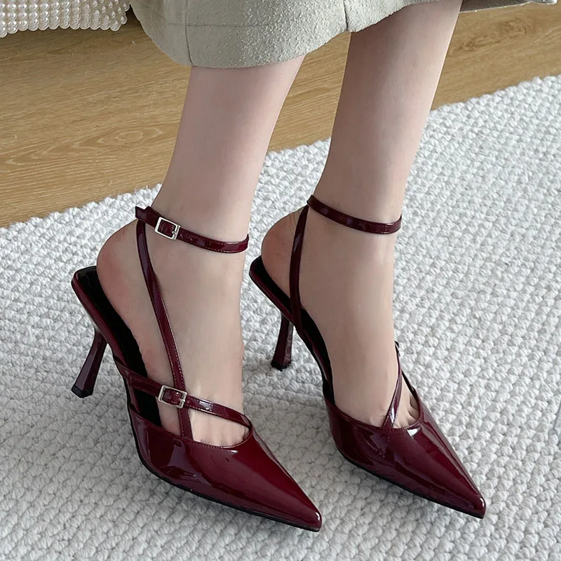 Buckle Strap Pointed Toe Woman Sandals Ankle Red Thin High Heels Designer Prom Shoes Zapatos Mujer New Ladies Party Mules Shoes