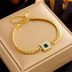 316L Stainless Steel New Fashion Fine Jewelry Embed Zircon Square 3-Colors Crystal Charm Thick Chain Imprint Bracelets For Women