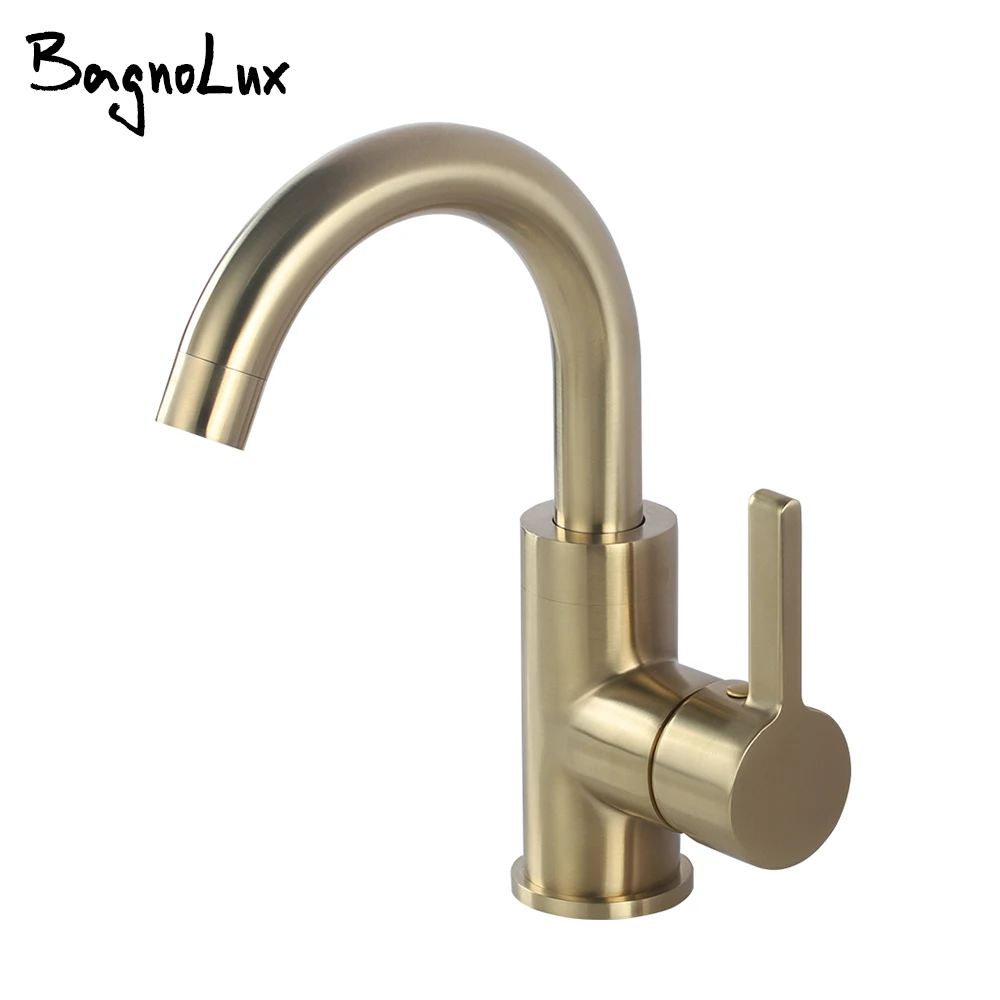 Brushed Gold Bathroom Sink Faucet Brass Deck Mount Wash Basin Mixer Tap Single Handle Hole Cold Hot Water Washbasin Mixed