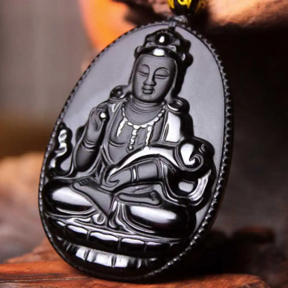 

Natural Black Obsidian Carved Avalokitesvara Lucky Amulet Pendant Beads Gift Crystal Wholesale Gold Heart Wedding Amulet Zodiac