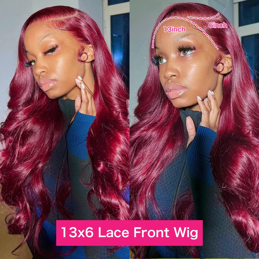 99j Burgunder Body Wave Lace Front Perücke 200% 13x6 HD transparente Spitze Frontal Perücke 30 32 34 Zoll rot gefärbte Echthaar Perücken