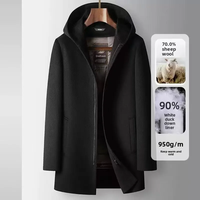 

2025 Winter New Men's Hooded Woolen Coat Detachable Down Inner Tank Wool Content 70% Thickened Warm Medium to Long Casual Coat