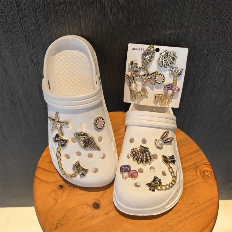 8pcs Golden Ocean Marine Style Shell Shoe Charms Removable ABS Resin Rhinestone Conch & Starfish Decorations Party Gifts ﻿