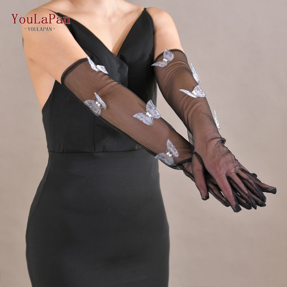 YouLaPan T43 Damen dünne schwarze Stretch-Mesh-Handschuhe, exquisite 3D-Schmetterlings-Hochzeitshandschuhe, Bühnenkostüme