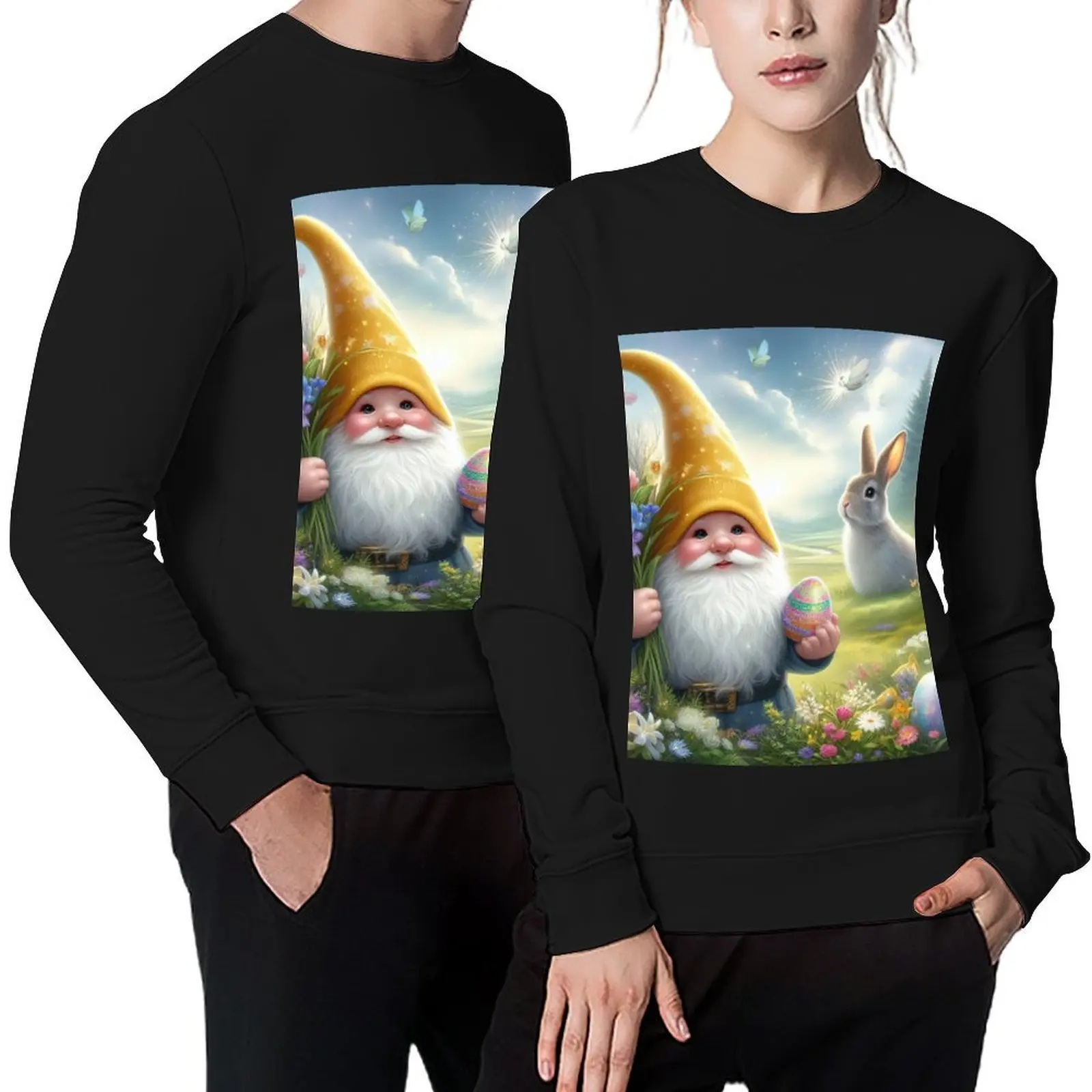 

gnome with flowers and with egg happy magical easter landscape Pullover men's autumn clothes new in hoodies & sweat-shirt