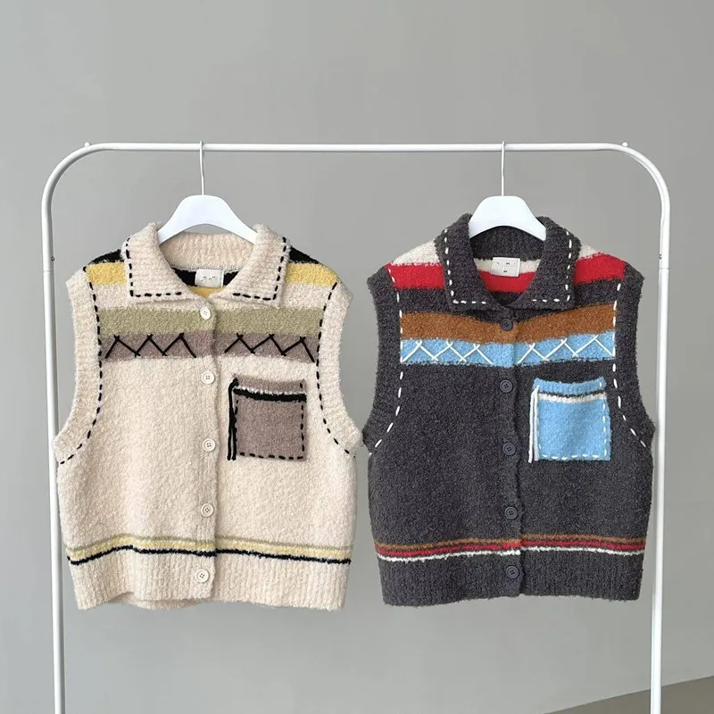 New Stripe Sweater Vest Women Korean Cute Pocket Turn-down Collar Sleeveless Knitted Vest Top Autumn Winter Patchwork Y2K Vests