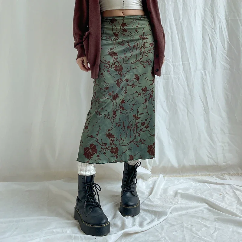 Rockmore groene bloemen bedrukte midi rok Fairycore Grunge Y2K esthetiek Vintage lage taille dames Harajuku outfit kleding