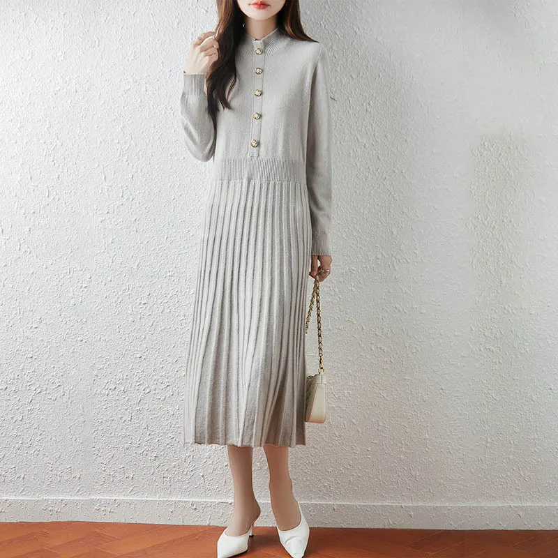 

Wool Women'S Half Turtleneck Dress High Waist Slimming Sweater Dress Autumn Winter New Style Elegant Commuting Pleated Feel