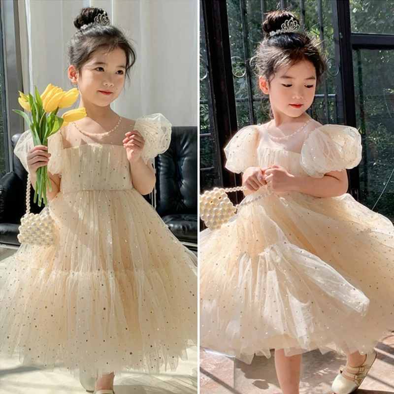 Girls Summer Party Gauzy Dress Crewneck Puff Sleeves Princess Dresses for Girls