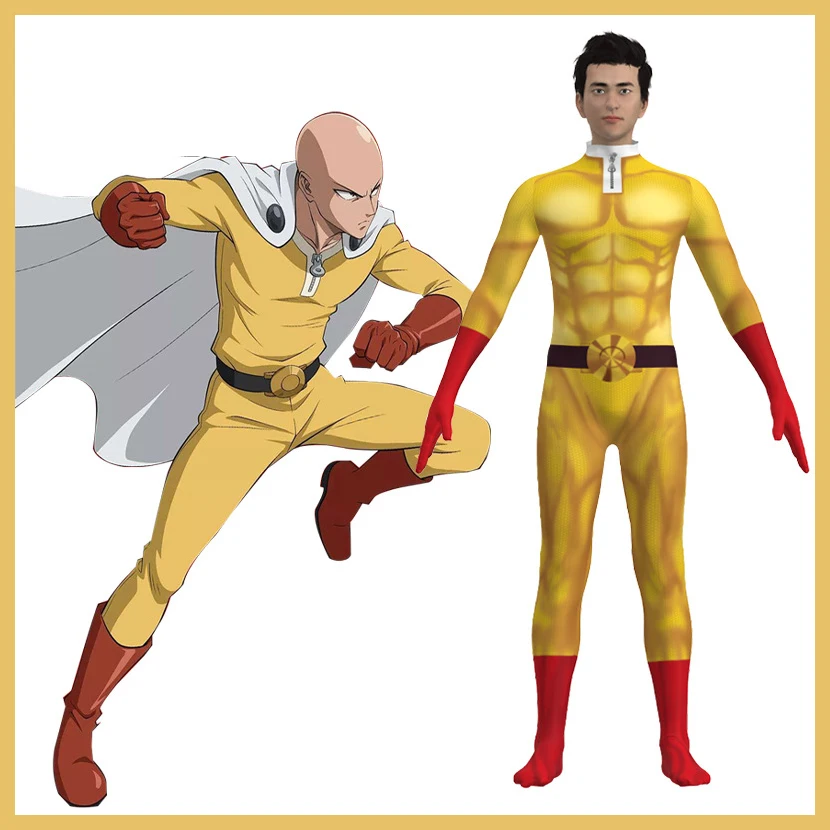 

One Punch Man Cosplay Costumes For Man Kid Saitama Anime Cosplay Bodysuit Superhero Halloween Jumpsuits Outfits with Cloak Role