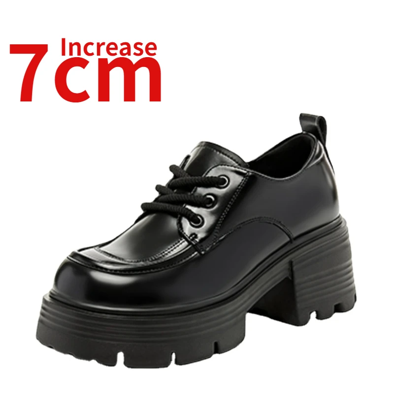 

Black Small Leather Shoes for Women's 7cm Thick Bottom British Style Increased Shoes Genuine Leather Thick Heel High Heel Shoes