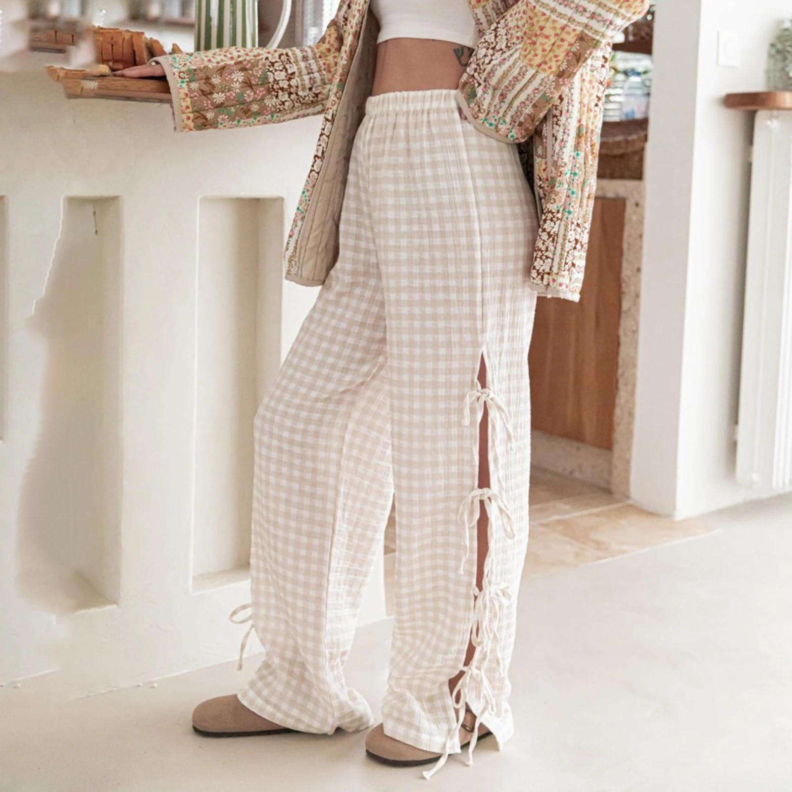 Women Wide-Leg Pants Plaid/Stripe Print Side Tie-Up Loose Trousers Spring Summer Casual Sweatpants Bottoms