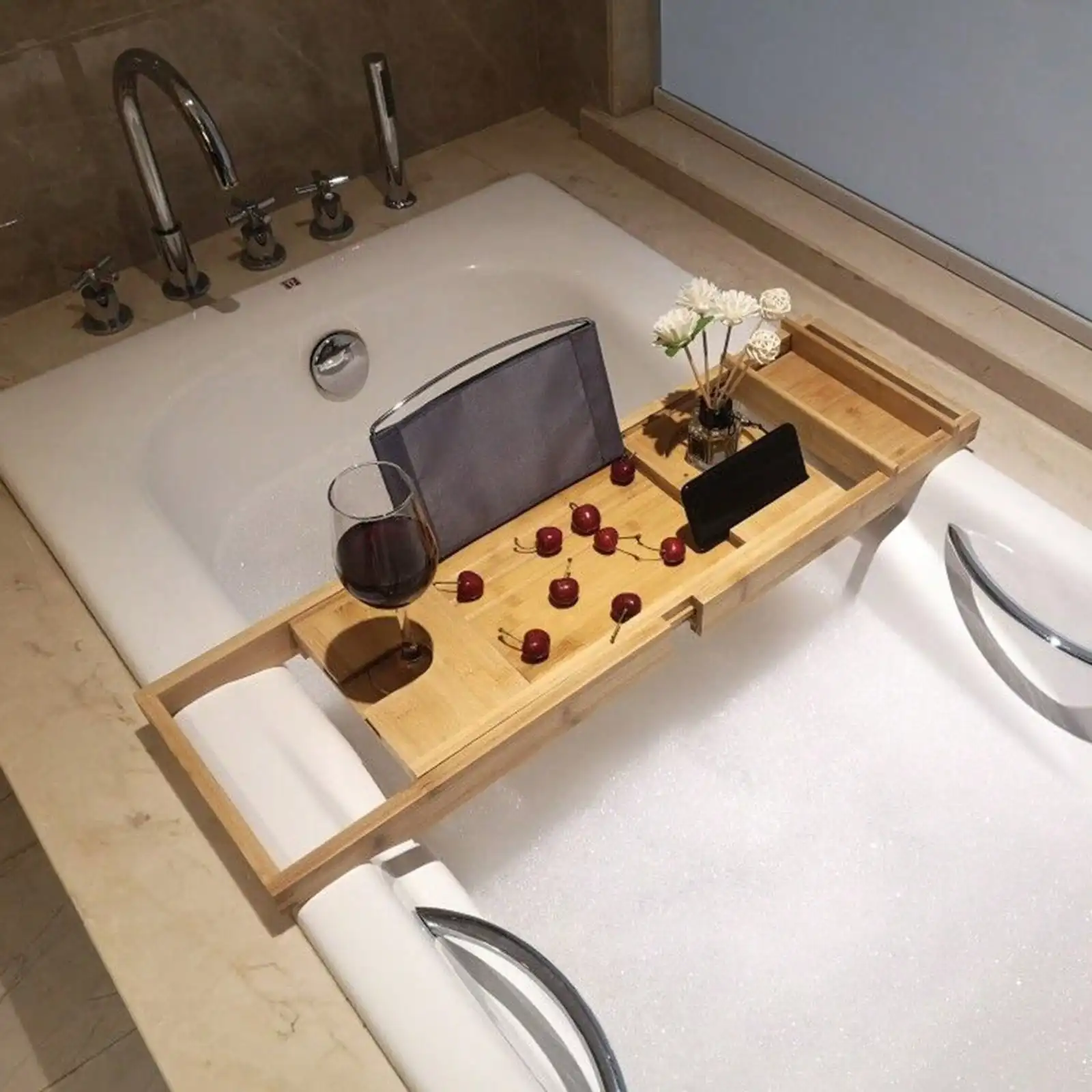 Bathtub Tray Bamboo Caddy For Tub Bath Accessories Foldable Tray For Bathtub Bath Organizer For Wine Book Soap