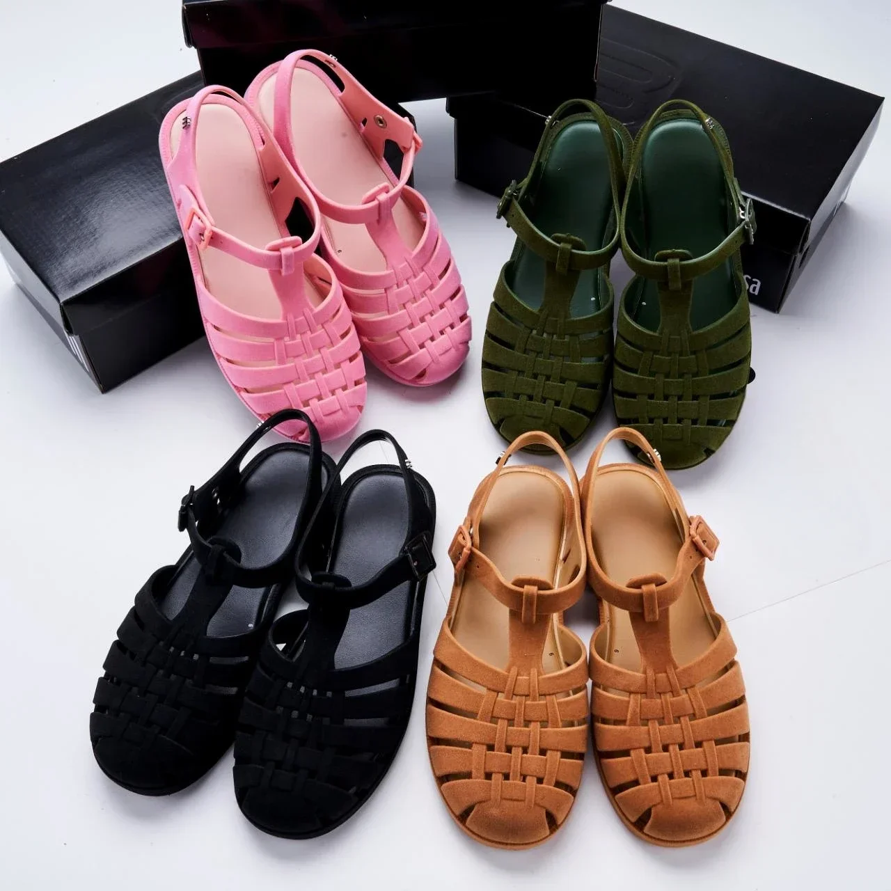 Mini Melissa Women\'s Velvet Flat Jelly Shoes Korean Style Adult Girls Retro Baotou Roman Sandals Ladies Frosted Hollow Woven